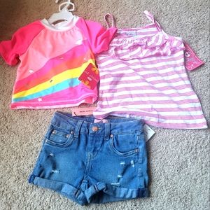 Girls 2 pc swim wear. Jean distressed shorts. T strap ruffle strip shirt. NWT